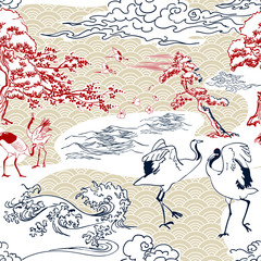 cranes japanese pines vector pattern traditional oriental