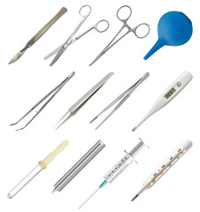 Set of medical hand tools. Tweezers different types, all-metal reusable scalpel, clip fastener, surgical scissors, glass pipette, disposable syringe, blood lancet, thermometer, rubber enema. Vector