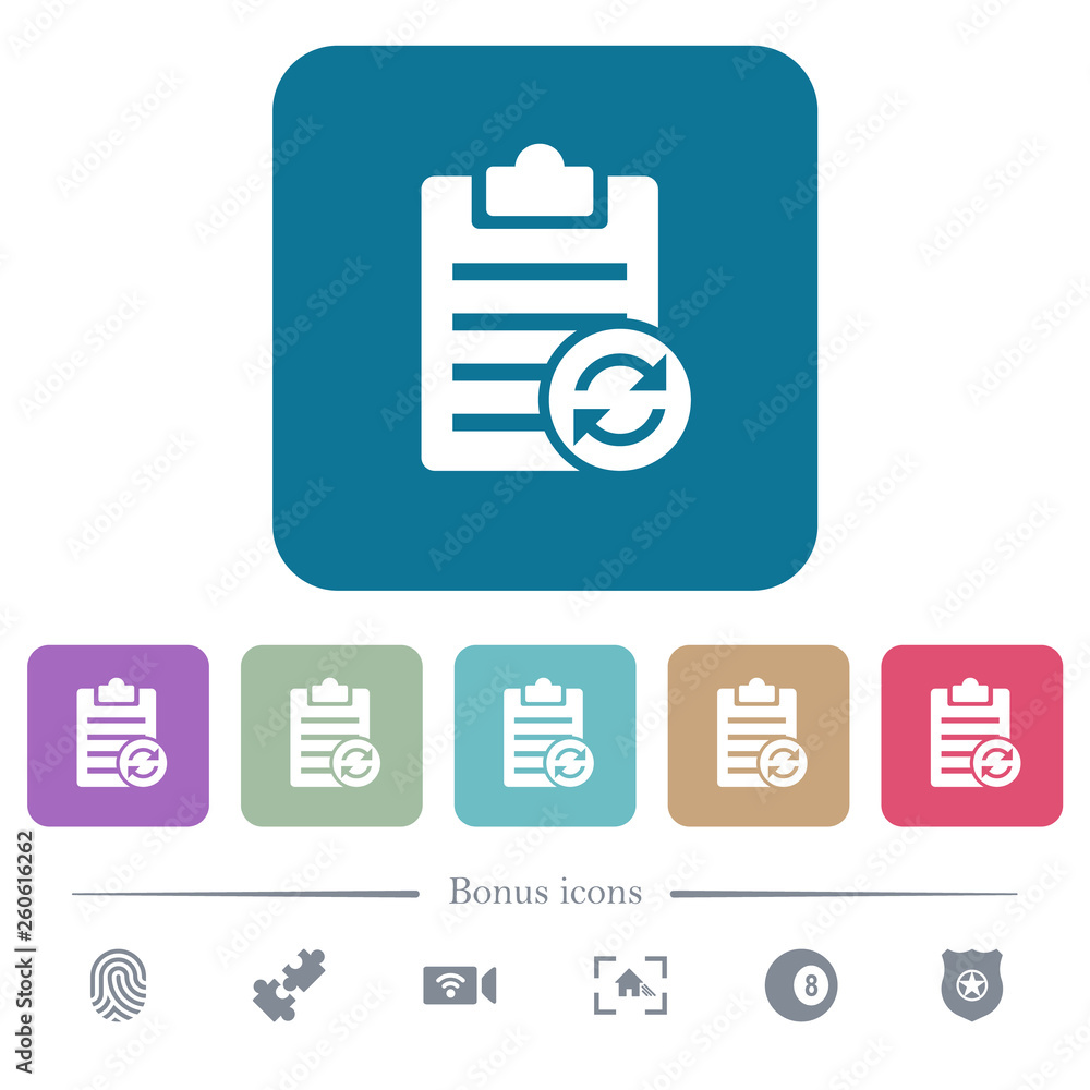 Poster syncronize note flat icons on color rounded square backgrounds