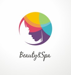 Beauty and spa colorful logo design template with young woman portrait and round circle shape. Fashion cosmetic symbol icon. Vector emblem.