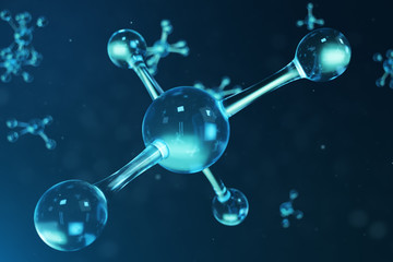 3D illustration molecule structure. Scientific medical background with atoms and molecules. Scientific background for your banner, flyer, template, text. Molecule consists of atoms chemical element