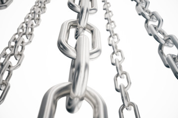 3D illustration metal chains. Metal, steel chains isolated on white background. Metal chains for industrial. Strong link concept. Background of metal chains for your layout, template design, text.