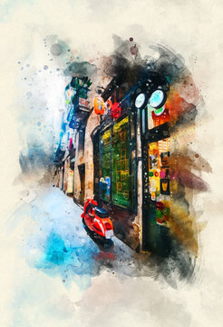 Landscape with moped near cafe door. Digital watercolor art. Paints splashes. Colorful city lifestyle illustration. Trendy transport. Cozy urban sketch, painting for poster, print, interior decor.