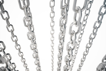 Fototapeta na wymiar 3D illustration metal chains. Metal, steel chains isolated on white background. Metal chains for industrial. Strong link concept. Background of metal chains for your layout, template design, text.