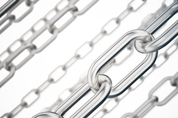 Fototapeta premium 3D illustration metal chains. Metal, steel chains isolated on white background. Metal chains for industrial. Very durable metal chains, the concept of success. Strong link concept