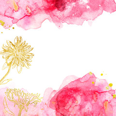 Watercolor abstract pink and burgundy background with gold flowers, hand drawn liquid texture with manual graphic. Can be used as a banner, frame, border. Blank in the center with space for your text.