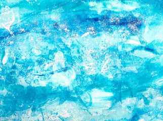Blue and turquoise abstract marine background. Hand painted acrylic and watercolor texture with brushstrokes and smears of paint. Imitation of sea waves. Bright summer decorative texture.