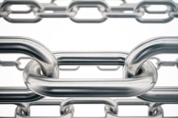 Obraz premium 3D illustration metal chains. Metal, steel chains isolated on white background. Metal chains for industrial. Very durable metal chains, the concept of success. Strong link concept