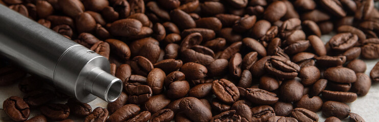 Concept of vape coffee flavor. Horizontal photo Banner