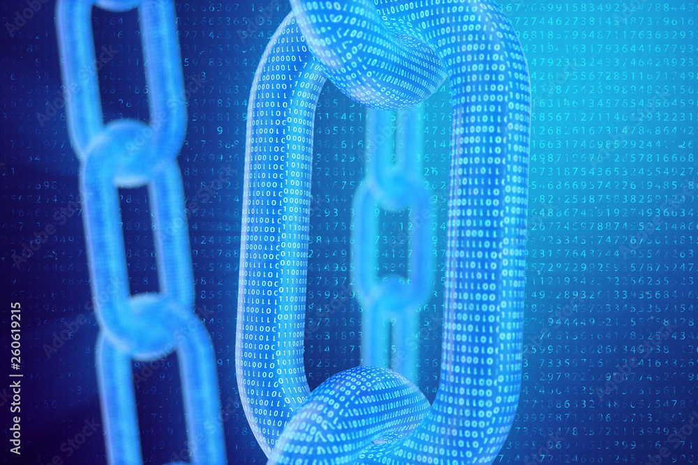 Poster 3d illustration digital blockchain code. chain links network. binary code on the background. concept
