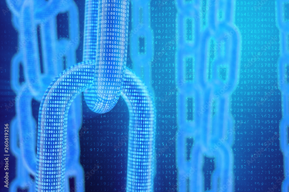 Poster 3d illustration digital blockchain code. chain links network. binary code on the background. concept