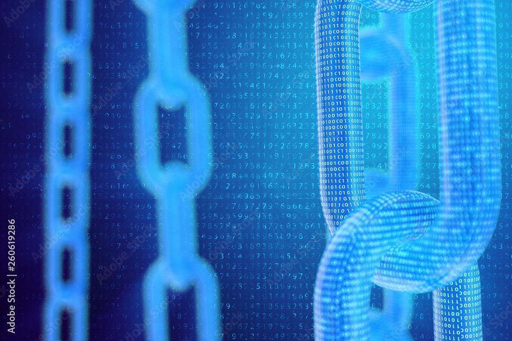 Poster 3d illustration digital blockchain code. chain links network. binary code on the background. concept