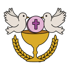 first communion in chalice with doves