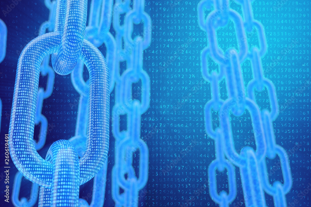 Poster 3d illustration digital blockchain code. chain links network. binary code on the background. concept
