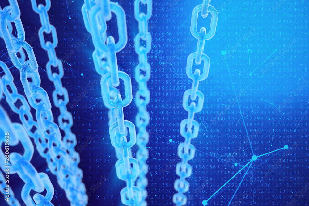 Poster 3d illustration digital blockchain code. chain links network. binary code on the background. concept