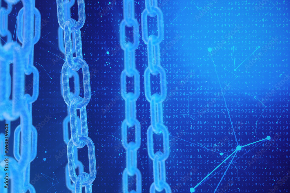 Poster 3d illustration digital blockchain code. chain links network. binary code on the background. concept