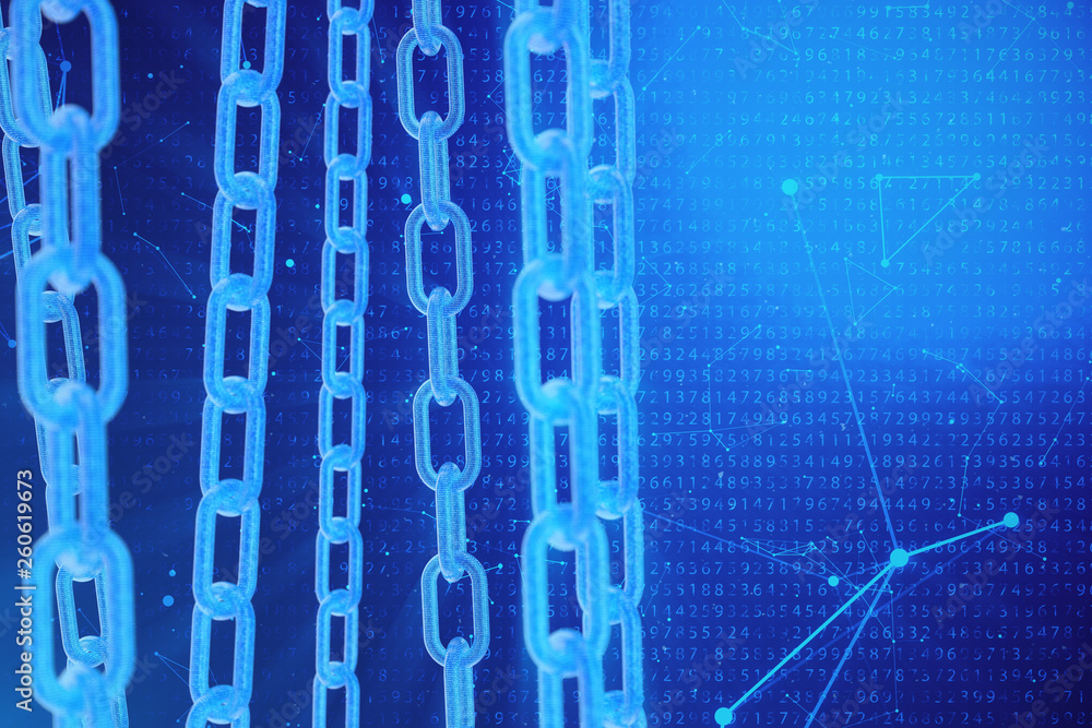 Poster 3d illustration digital blockchain code. chain links network. binary code on the background. concept