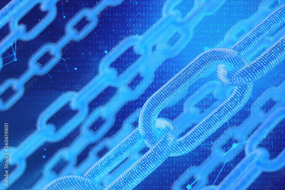 Poster 3d illustration digital blockchain code. chain links network. binary code on the background. concept