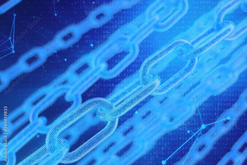 Poster 3d illustration digital blockchain code. chain links network. binary code on the background. concept