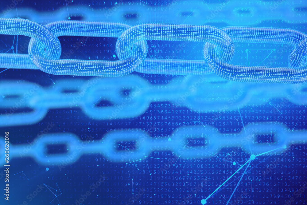 Poster 3d illustration digital blockchain code. chain links network. binary code on the background. concept