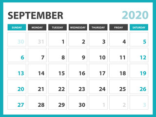 Desk calendar layout  Size 8 x 6 inch, September 2020 Calendar template, planner design, week starts on sunday, stationery design, vector Eps10