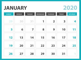 Desk calendar layout  Size 8 x 6 inch, January 2020 Calendar template, planner design, week starts on sunday, stationery design, vector Eps10