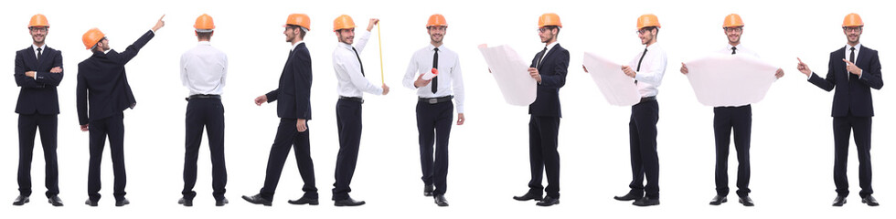 panoramic photo collage of confident architect isolated on white
