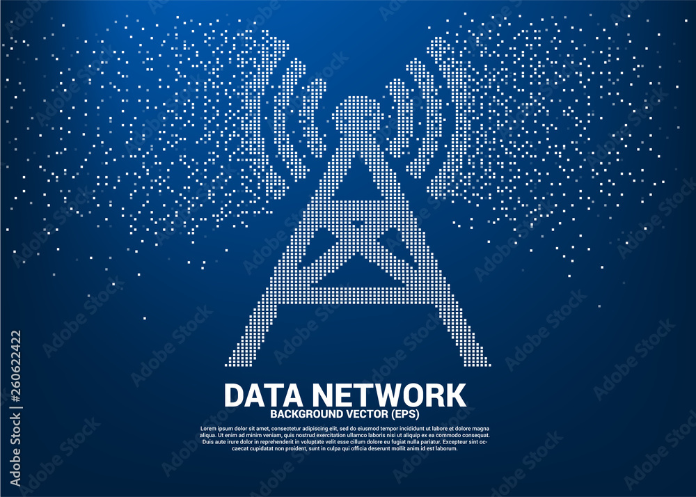 Poster Vector antenna tower icon pixel transform style. Concept for data transfer of mobile and wi-fi data network.