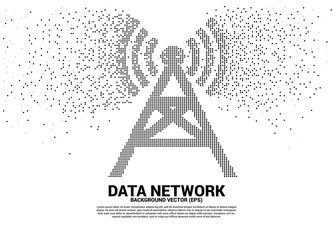 Vector antenna tower icon pixel transform style. Concept for data transfer of mobile and wi-fi data network.