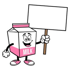 Strawberry Milk Carton Mascot with a Sign - A cartoon illustration of a Strawberry Milk carton mascot.