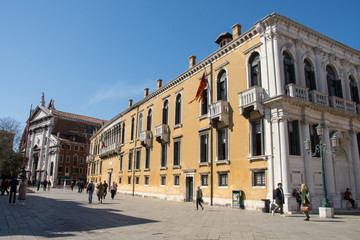 Fototapeta na wymiar St. Stephen`s square and Ponte Giustinian,in Venice,Italy,2019