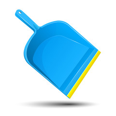 Blue plastic dustpan, scoop with yellow stripe. Tool for cleaning garbage, restoring order in house. Isolated on white background. Eps10 vector illustration.