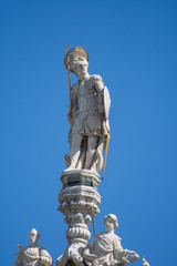Statue of Saint, detail of the facade of the Saint Mark's Basilica, St. Mark's Square, Venice, Italy,march,2019