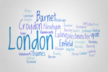 London Word cloud with boroughs of the city