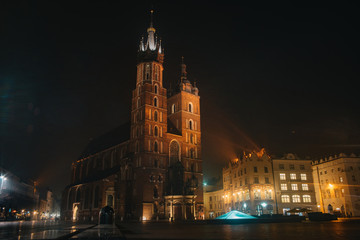 St. Mary's Basilica, Kraków. Famous and important polish landmark and part of national history at night time background