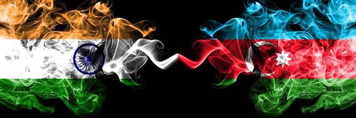 India vs Azerbaijan, Azerbaijani smoke flags placed side by side. Thick colored silky smoke flags of Indian and Azerbaijan, Azerbaijani