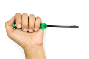 Male hand holding green screwdriver, man hand isolated on white background