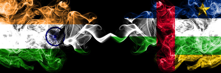 India vs Central African Republic smoke flags placed side by side. Thick colored silky smoke flags of Indian and Central African Republic