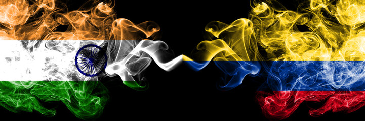 India vs Colombia, Colombian smoke flags placed side by side. Thick colored silky smoke flags of Indian and Colombia, Colombian