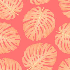 Watercolor exotic frame with tropical leaves pattern, flowers and toucan for wedding, invite, birthday card. Isolated illustrarion summer colors, design vertical frame living coral color background