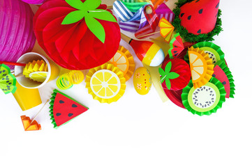 Decor for a holiday of children's birthday. Fruit party. Cake and sweet candy.