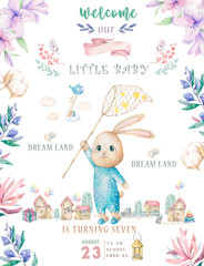 Cute happy birthday card with cartoon Bunny. Watercolor rabbit clip art and beauty boho pink flowers, floral. lamp light and leaf for Happy Easter on white background