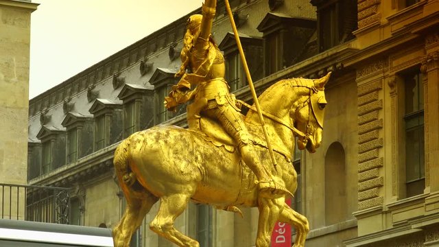Paris, France :Gilded bronze equestrian statue (Sculptor Emmanuel Fremiet, 1874) depicting Saint Jeanne d Arc (Joan of Arc). Place des Pyramides, Paris, France,