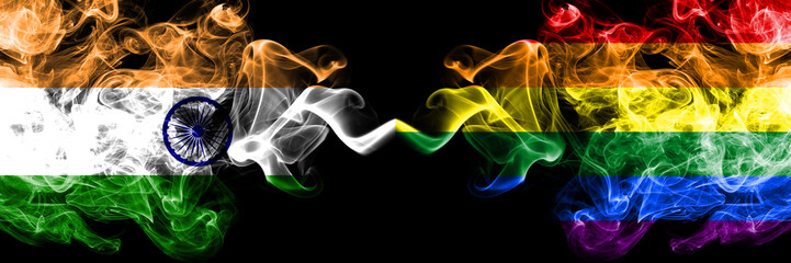 India vs Gay pride smoke flags placed side by side. Thick colored silky smoke flags of Indian and Gay pride