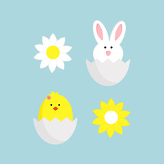 Obraz na płótnie Canvas Easter egg hunt poster vector.Cute cartoon Happy Easter chicken bird, bunny.