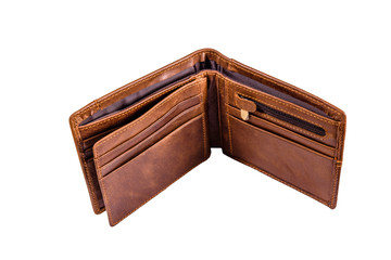 Opened brown leather wallet isolated on a white background