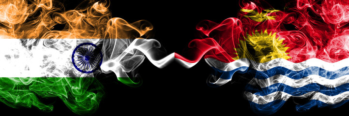 India vs Kiribati smoke flags placed side by side. Thick colored silky smoke flags of Indian and Kiribati