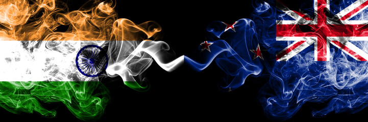 India vs New Zealand, New Zealander smoke flags placed side by side. Thick colored silky smoke...