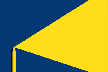 Pencil draw yellow  triangle shape for copy space on a blue background. Educational, creative, back to school concept.