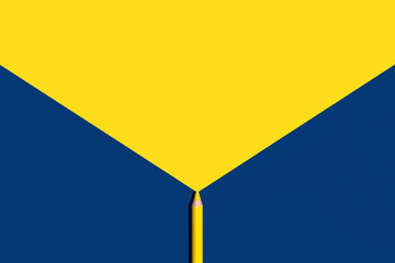Yellow pencil draw yellow  triangle shape for copy space on a blue background. Educational, creative, back to school concept.